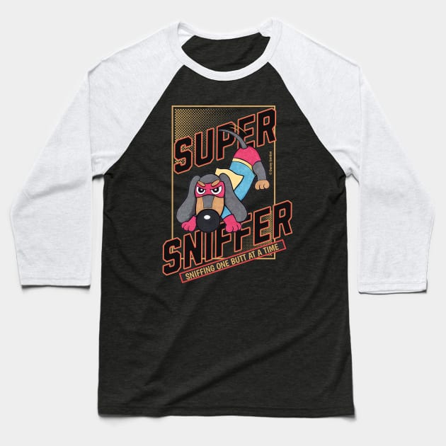 Cute Super Sniffer Dachshund Hero Funny Baseball T-Shirt by Danny Gordon Art